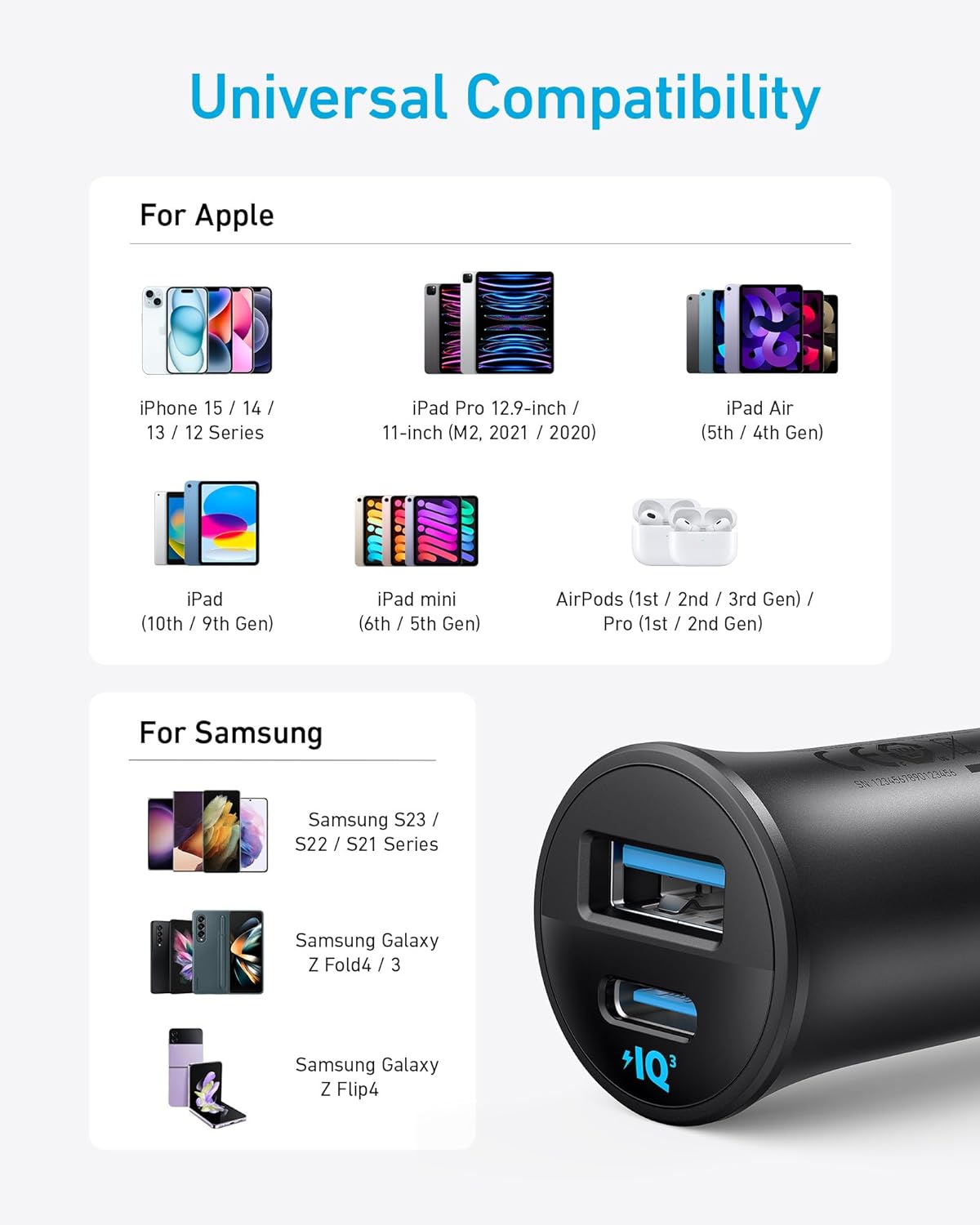 USB-C Car Charger, iPhone 16 Car Charger, 30W 2-Port Type-C Car Adapter, PowerIQ 3.0, for iPhone 16/15/14/13/12 Series, Samsung Galaxy S23/S22/S21 Series, iPad Pro, AirPods, and More